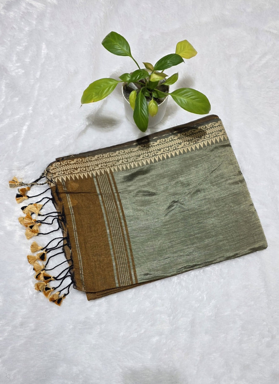 Coffee brown cotton saree with plain base fabric, beige zari woven pallu, simple border and unstitched contrast blouse 