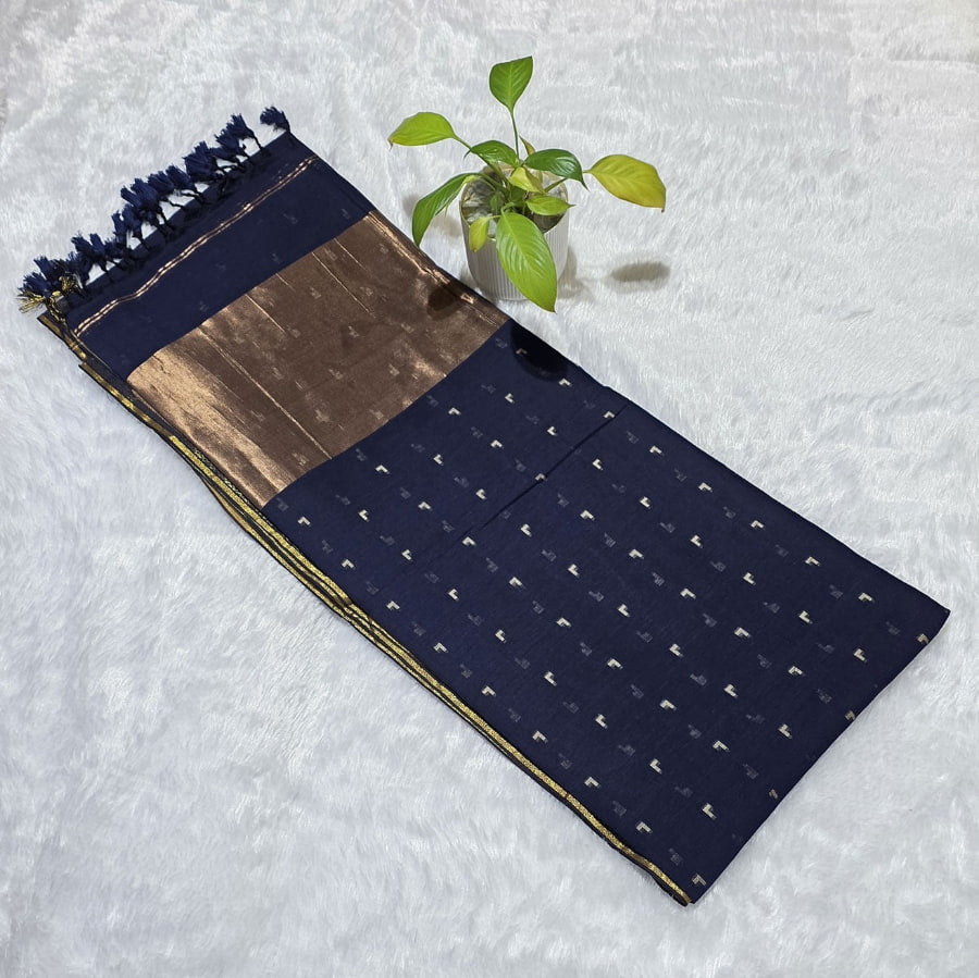Pure indigo blue cotton saree all-over copper butti work copper zari pallu golden border festive ethnic wear