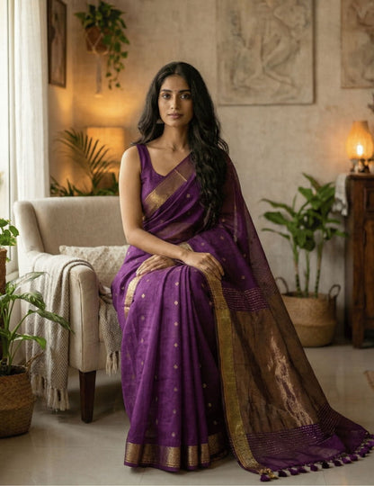 Indian cotton saree with intricate copper butti weaving, zari pallu, and elegant golden edge for casual ethnic styling.