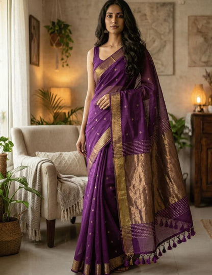 Festive cotton saree adorned with copper butti pattern, copper zari pallu, and classic golden border for traditional attire.
