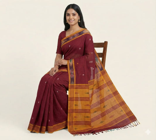 Elegant maroon cotton saree featuring triangle butti motifs, woven Ikat border and contrast pallu with tassels