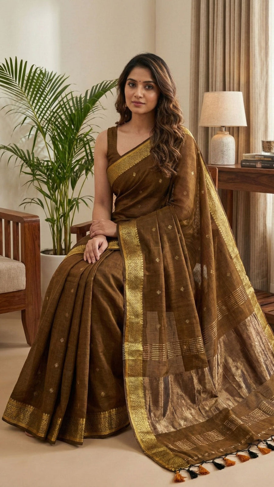 This is a coffee brown cotton saree with beautifully woven small butties and elegant border with copper zari pallu perfect for family gatherings and daily use