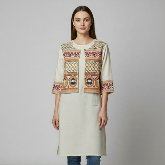 Cream mirror work ethnic jacket with leaf embroidery for women