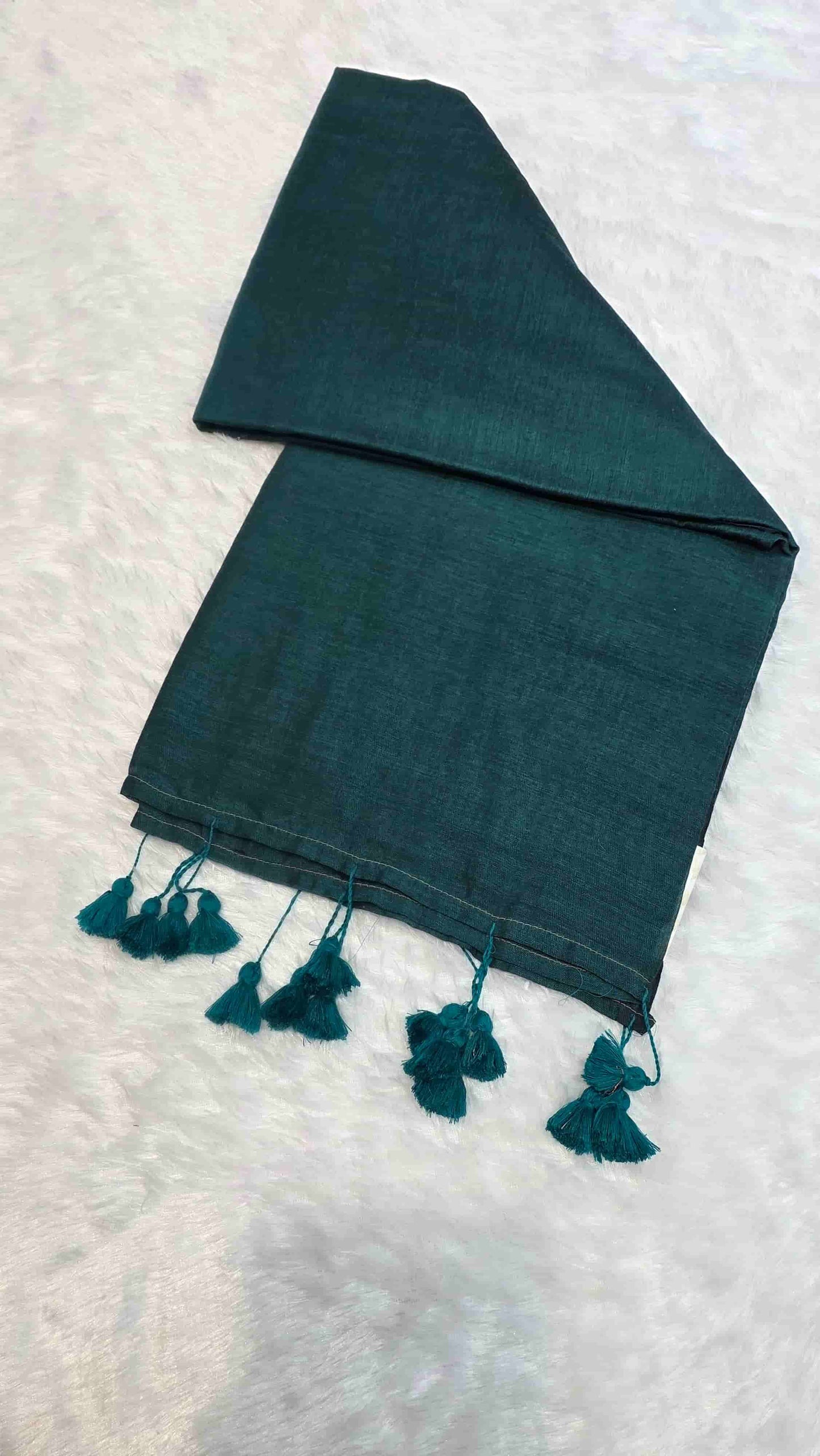 Dark teal green mulmul cotton saree for office wear with tassels