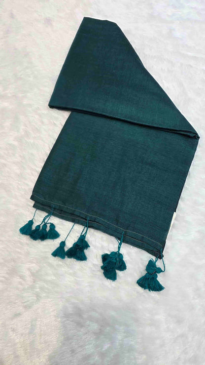 Dark teal green mulmul cotton saree for office wear with tassels