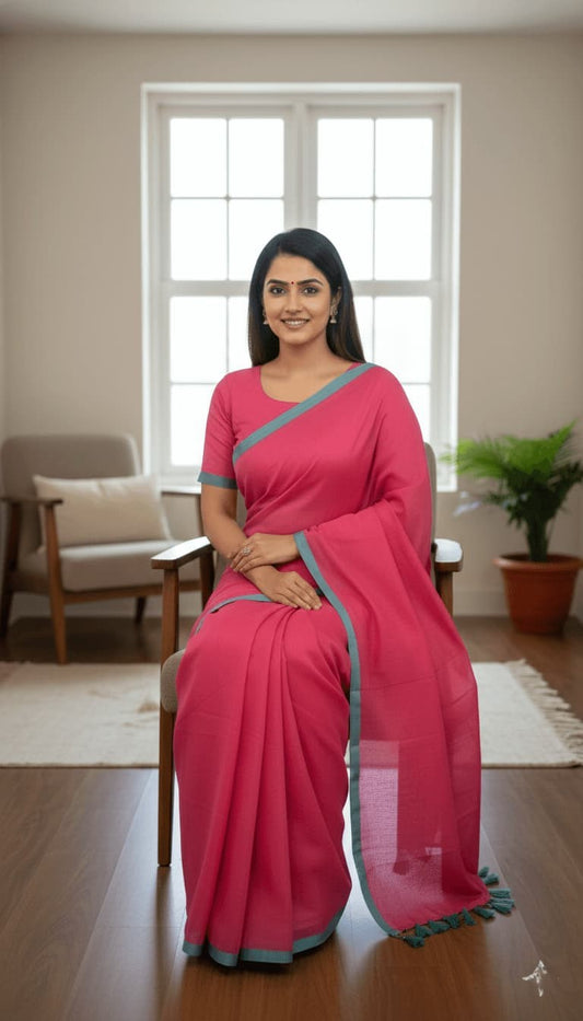 Lightweight deep pink mulmul cotton saree with teal border and tassels