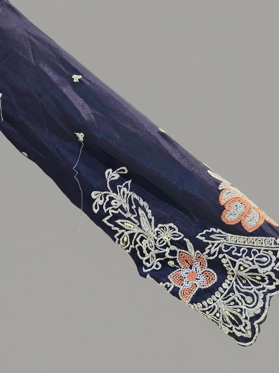 Designer navy blue Anarkali with pleats, floral work and sequin dupatta