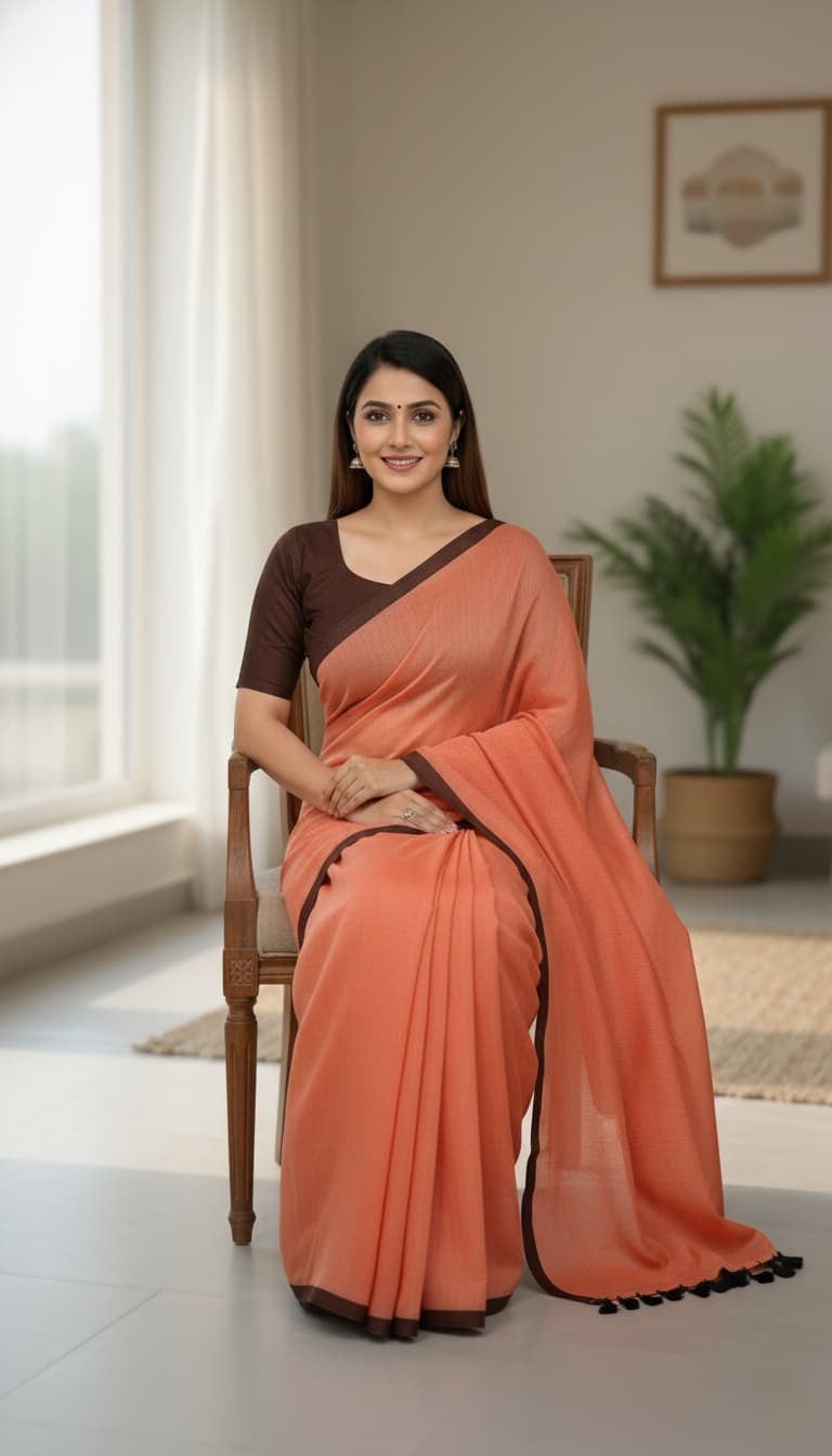 Plain dusty peach mulmul cotton saree with black border on pallu