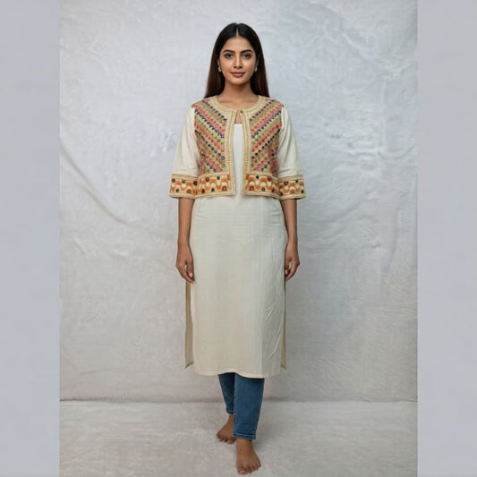 Cream mirror work Gujarati koti jacket with geometric embroidery