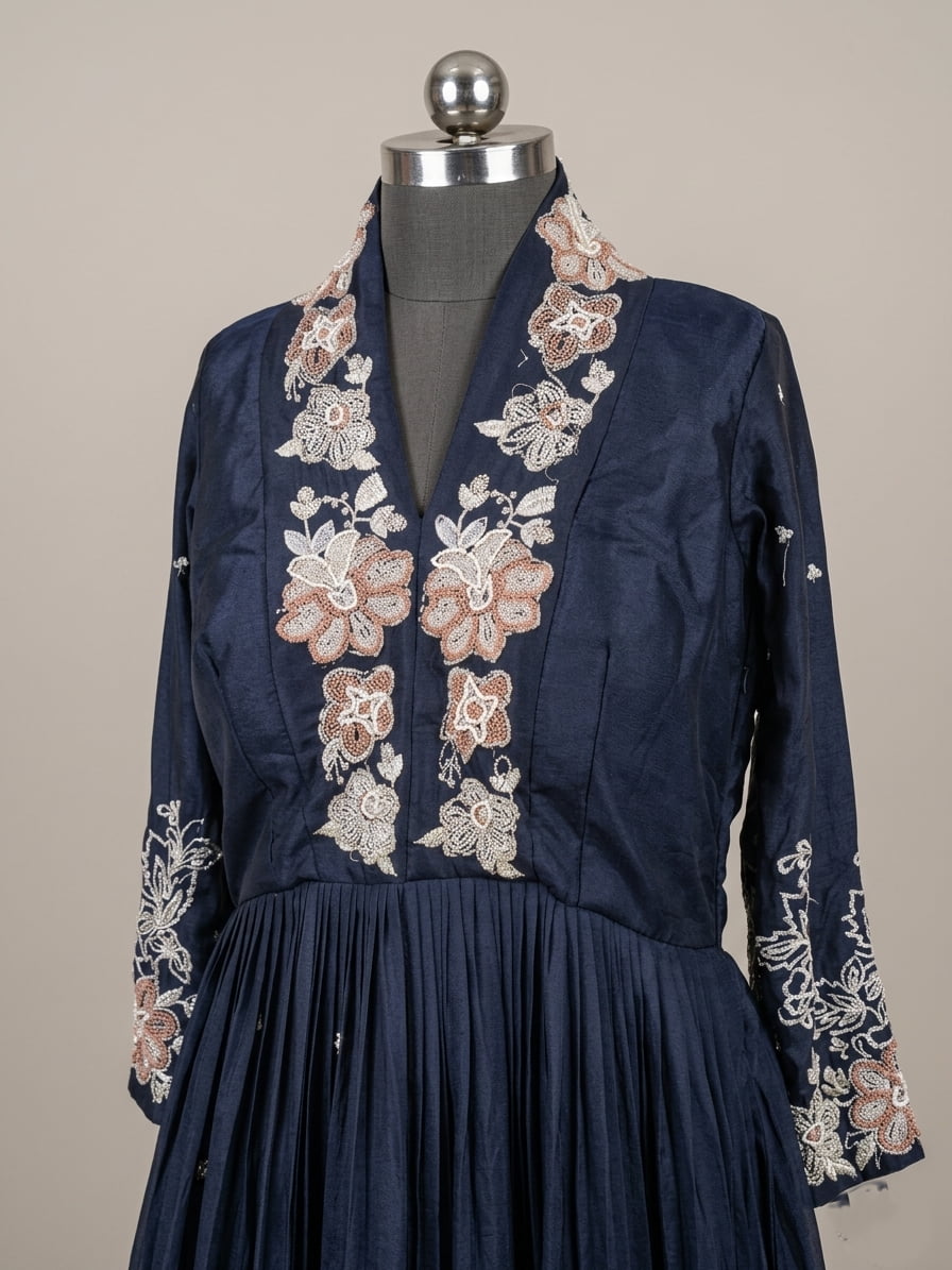 Festive Anarkali suit in navy blue with scalloped embroidered border