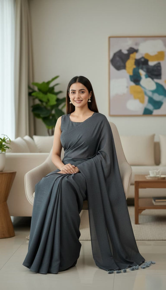 Plain gray mulmul cotton saree with tassel pallu