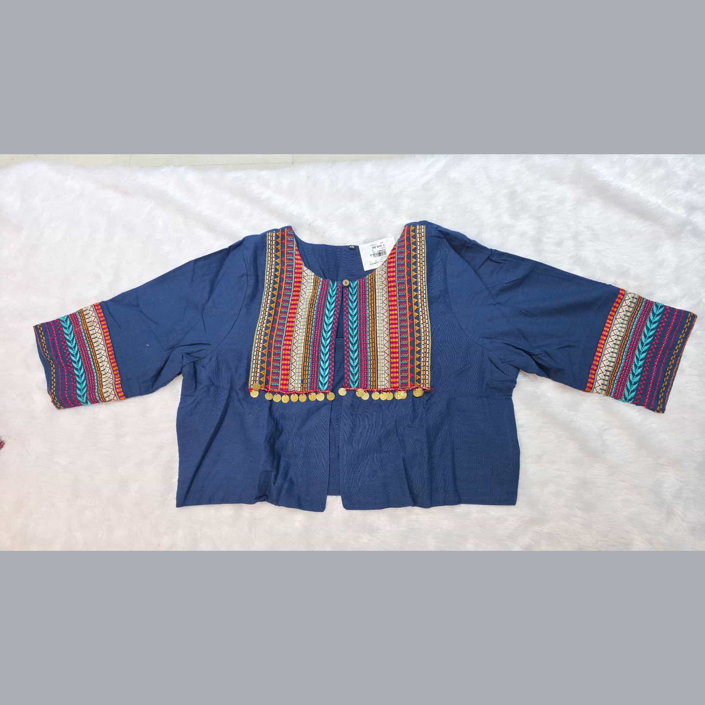 Handcrafted navy blue Banjara work koti jacket with golden coin fringe