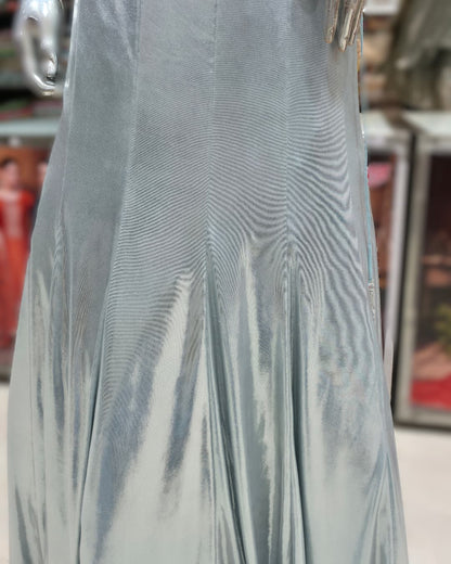 Flared metallic finish ice blue lehenga skirt detail