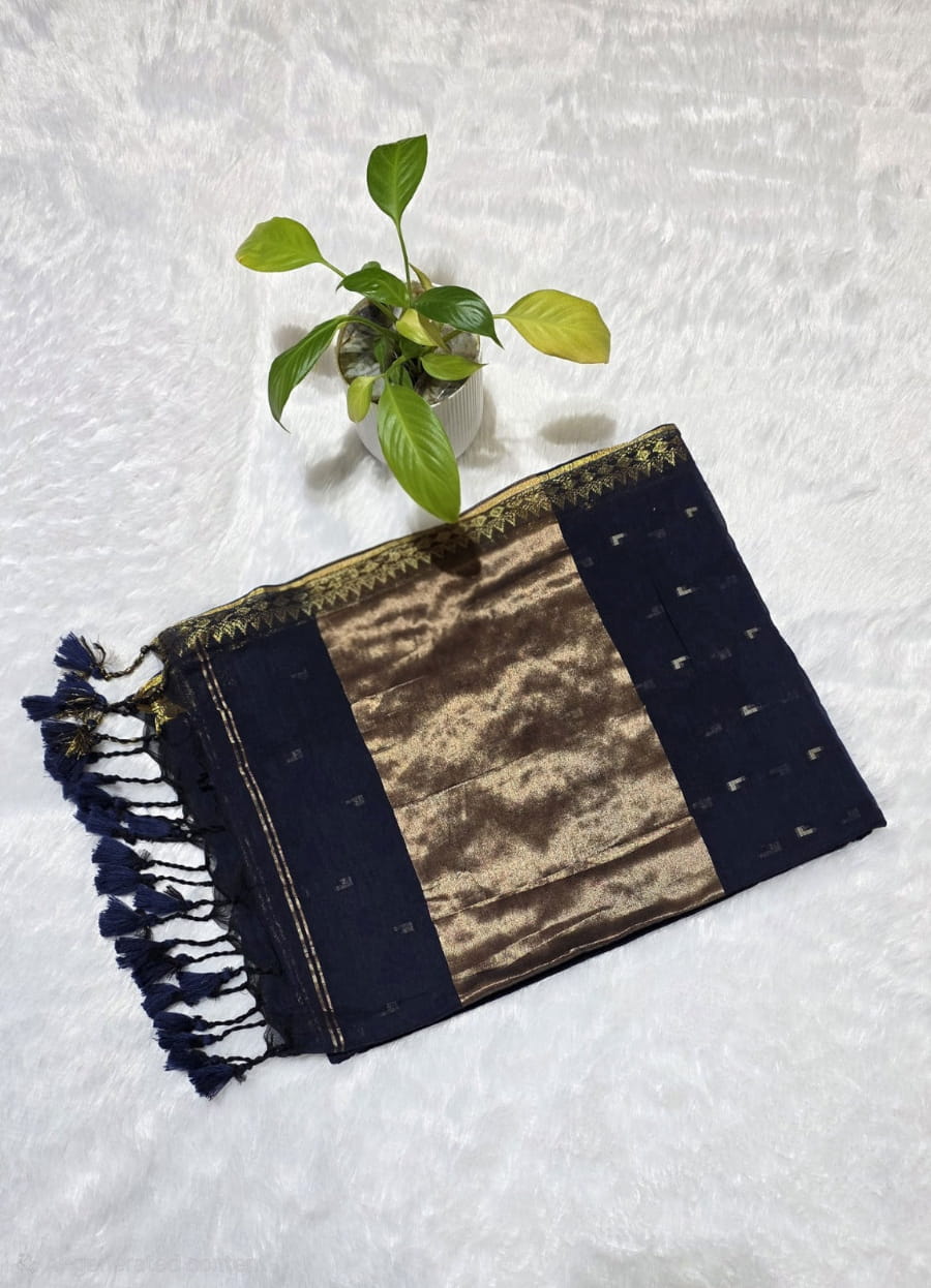 Pure indigo blue cotton saree all-over copper butti work copper zari pallu golden border festive ethnic wear