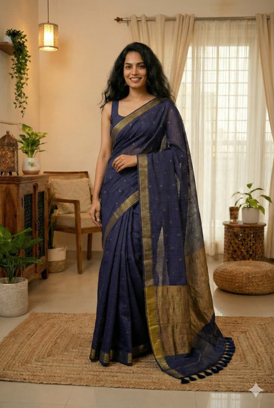 Pure indigo blue cotton saree all-over copper butti work copper zari pallu golden border festive ethnic wear