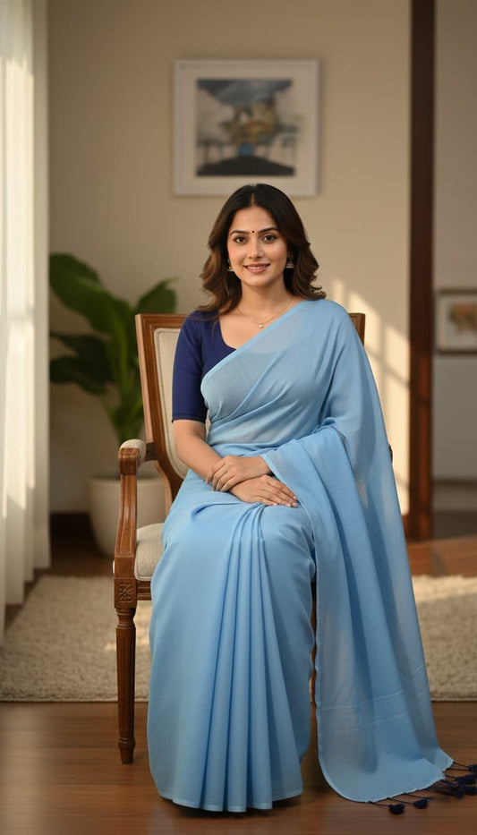 Light blue mulmul cotton saree with hand-tied tassels on edge