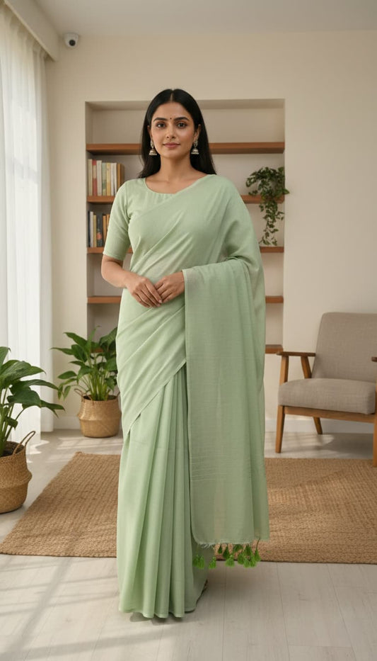 Light green mulmul cotton saree with hand-tied tassels on pallu