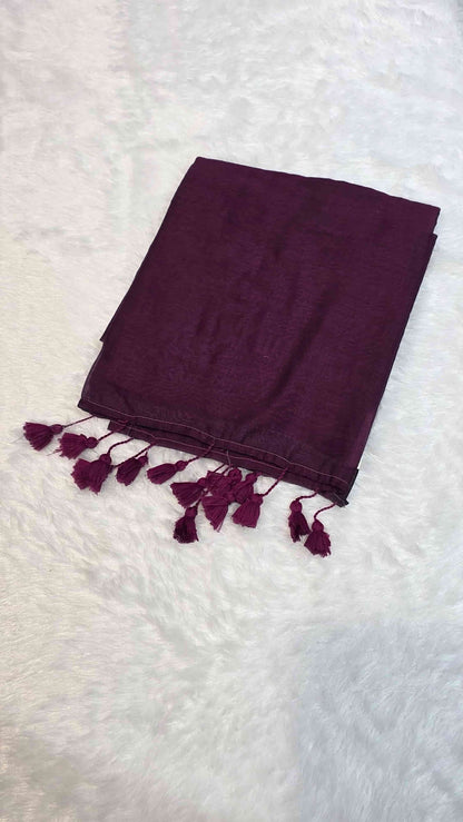 Soft mulmul cotton saree in dark magenta with handcrafted tassels