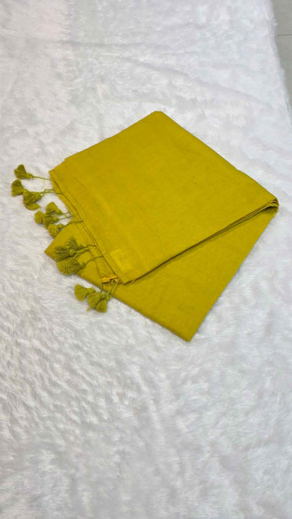 Lightweight mustard yellow mulmul cotton saree for festive and casual wear