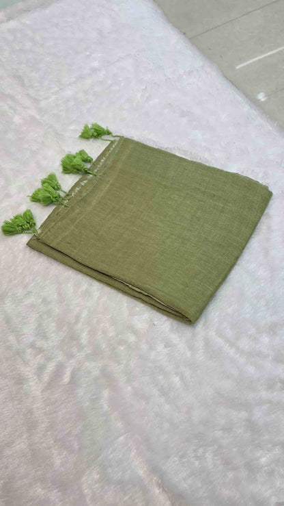 Elegant olive green mulmul cotton saree for casual and office wear