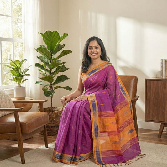 This is a beautiful magenta cloiour cotton saree with overall buties and elegant ikat border weaving paired with beautiful contrast pallu. Ideal for gatherings, daily wear , office wear, family functions and festivals.