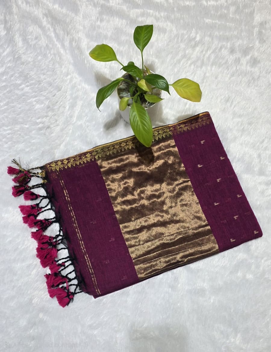 Pure magenta cotton saree all-over copper butti work copper zari pallu golden border festive ethnic wear