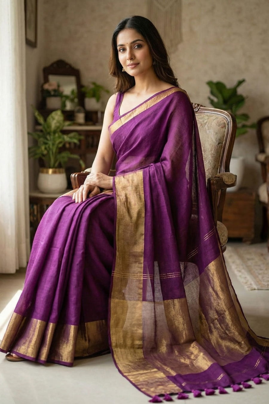 elegant cotton saree with a plain body, minimal golden border, and copper zari pallu. Soft, breathable, and lightweight—perfect for daily, office, and casual wear.
