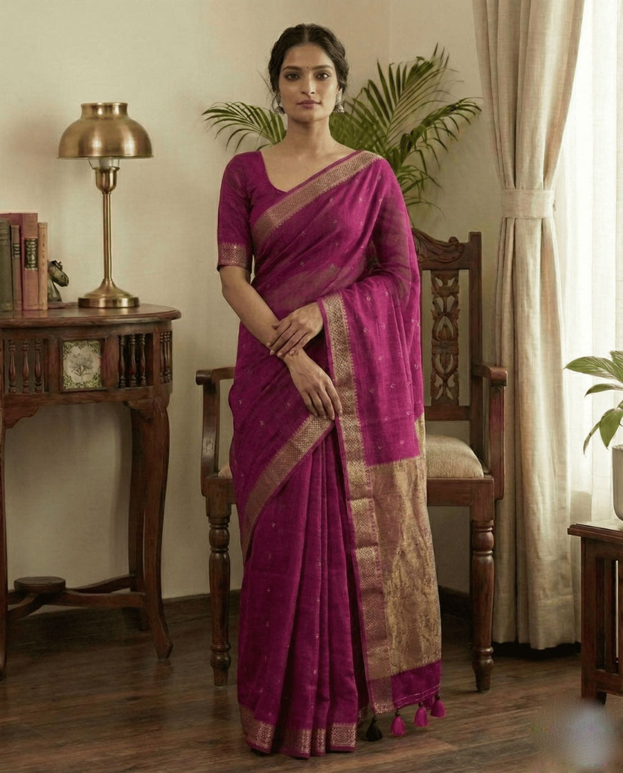 This magenta cotton saree with stylish butties detailing and copper zari pallu usually perfect for daily wear and family functions.