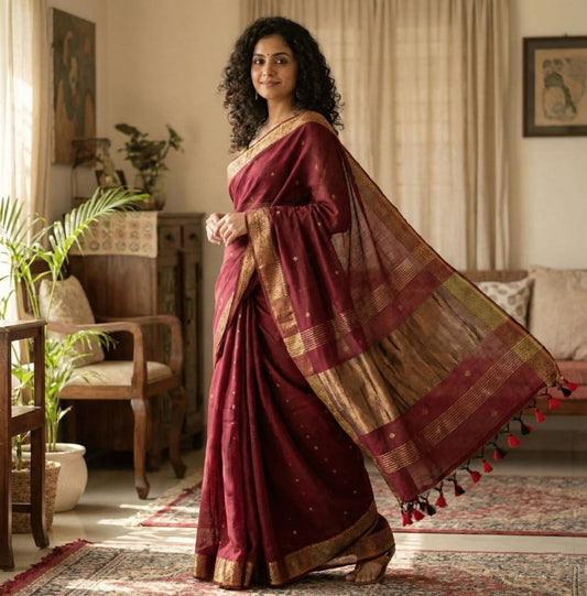 Maroon cotton saree with traditional copper butti weaving, copper zari pallu, and elegant golden zari border.