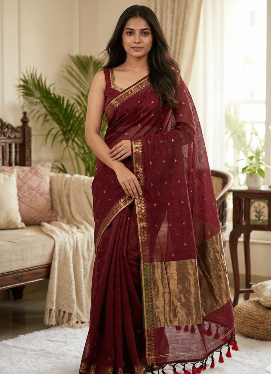 
This beautiful maroon cotton saree comes with small elegant buttties, minimal border, and elegant copper zari pallu and tessels perfect for office and daily use .easy to wear.