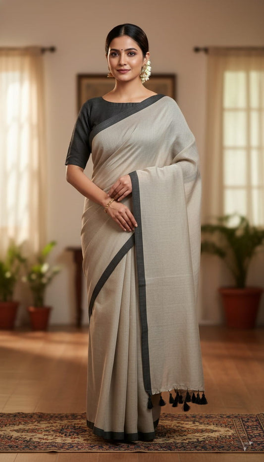 Beige mulmul cotton saree with dark black border and hand-tied tassels