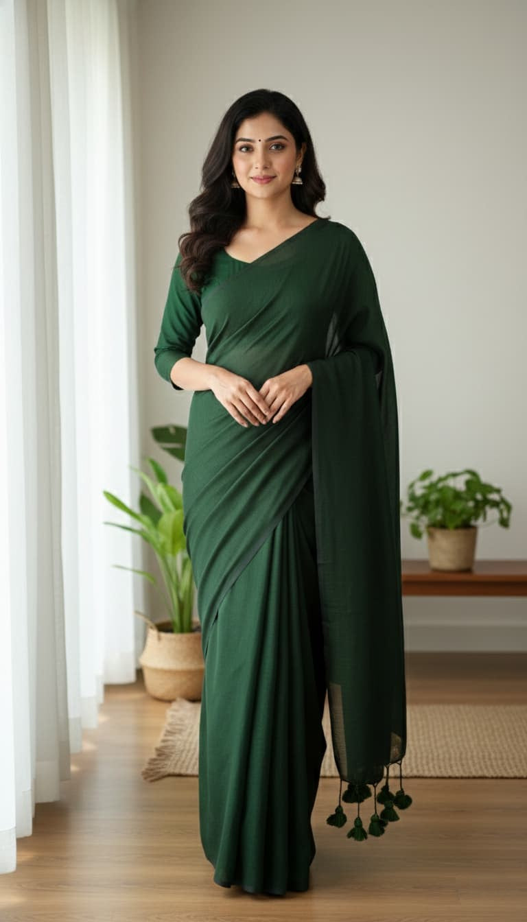 Bottle green mulmul cotton saree with hand-tied tassels on edge
