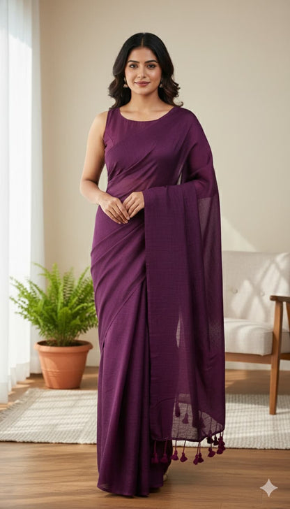 Dark magenta mulmul cotton saree with hand-tied tassels on edge