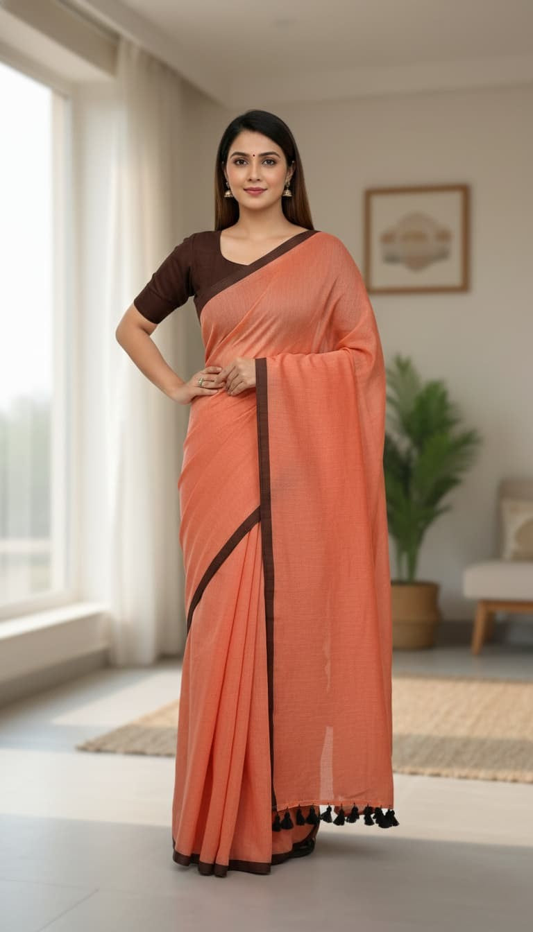 Dusty peach mulmul cotton saree with dark black contrast border and tassels