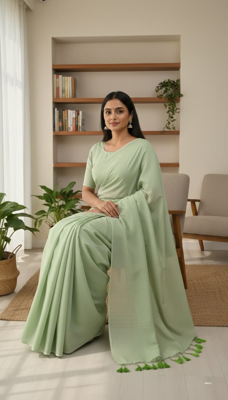Soft mulmul cotton saree in light green with tassel edge