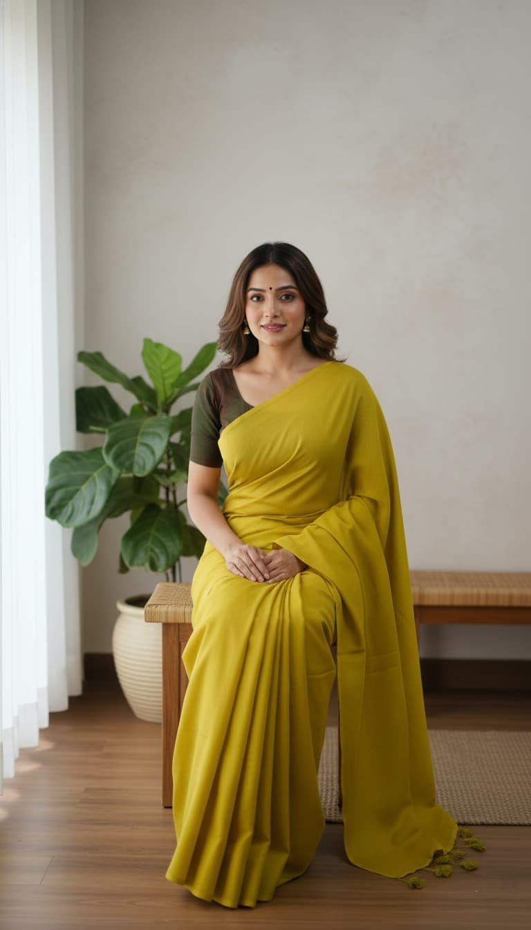 Plain mustard yellow mulmul cotton saree with tassel pallu