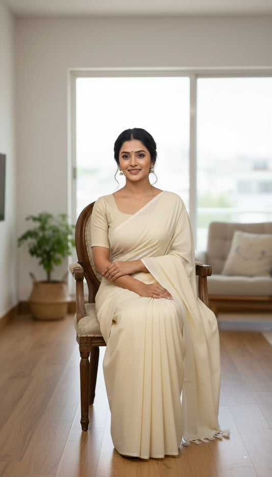 Plain off white mulmul cotton saree with white tassel pallu