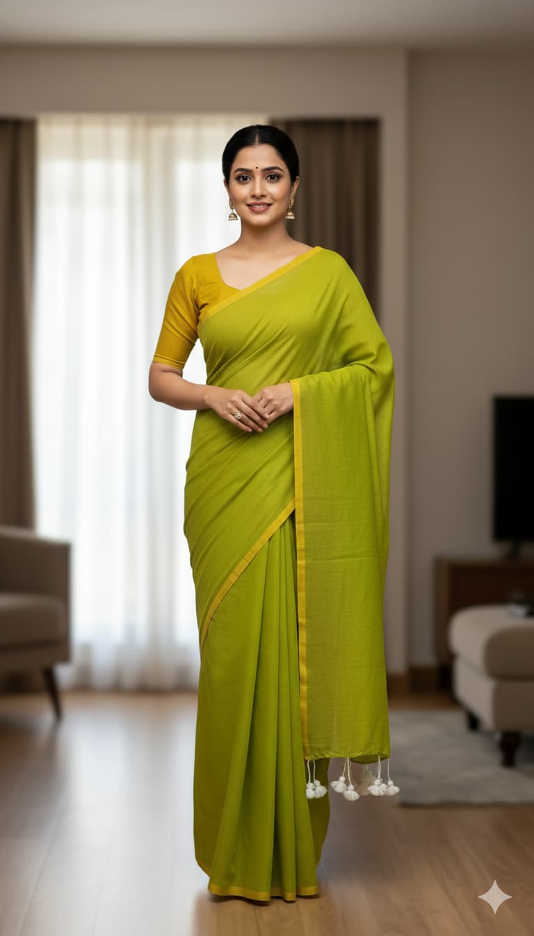 Olive green mulmul cotton saree with mustard yellow border and tassels