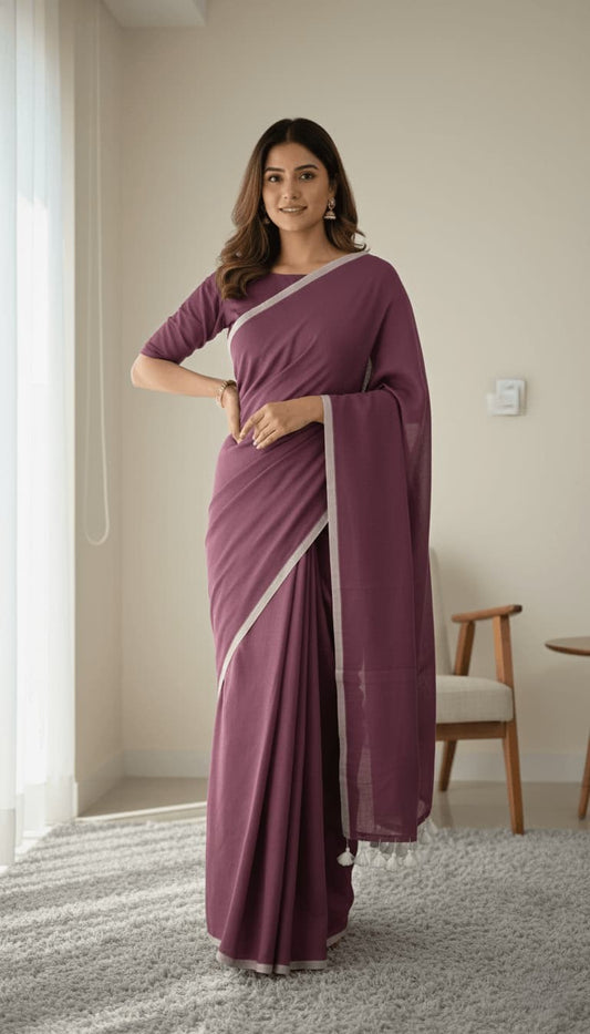 Wine deep plum mulmul cotton saree with contrast border and tassels