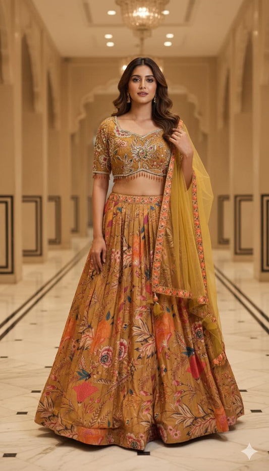 Mustard gold floral lehenga set with multicolour embroidery and printed skirt full view.