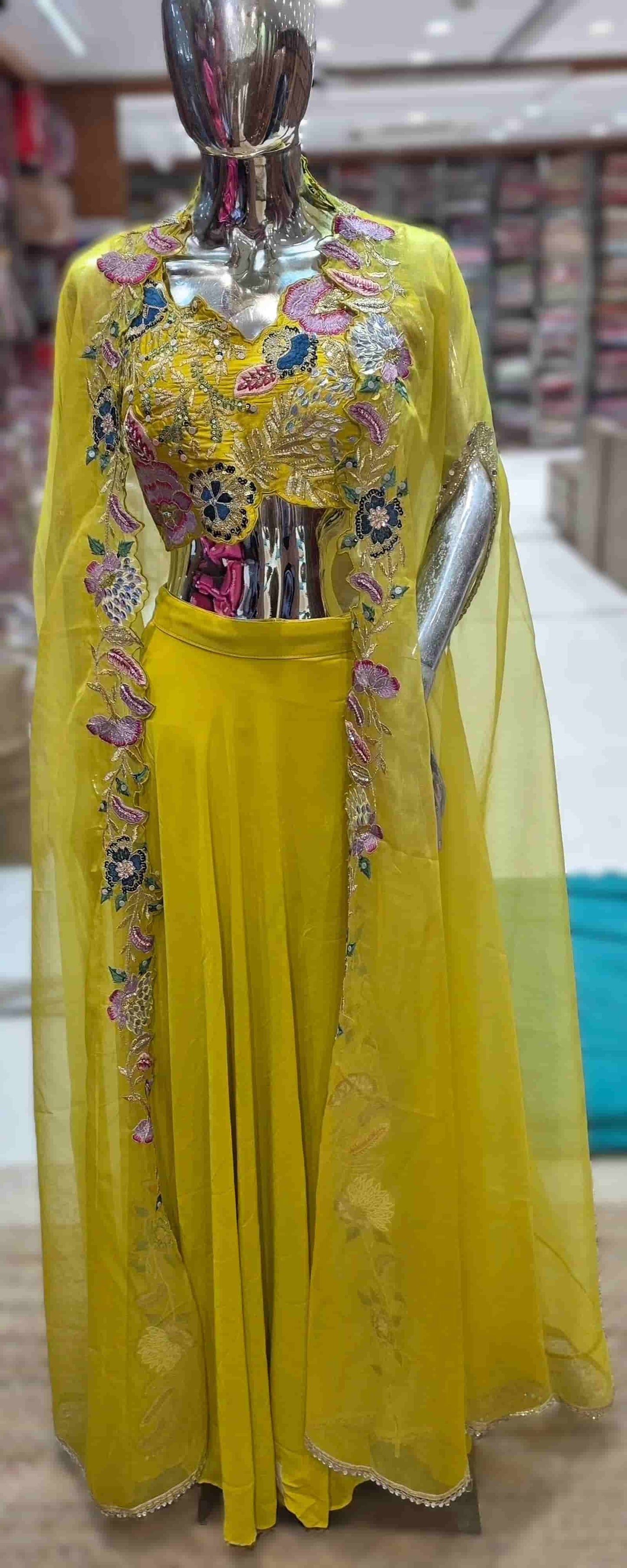 Festive mustard Indo-Western outfit with embroidered blouse and net jacket styling