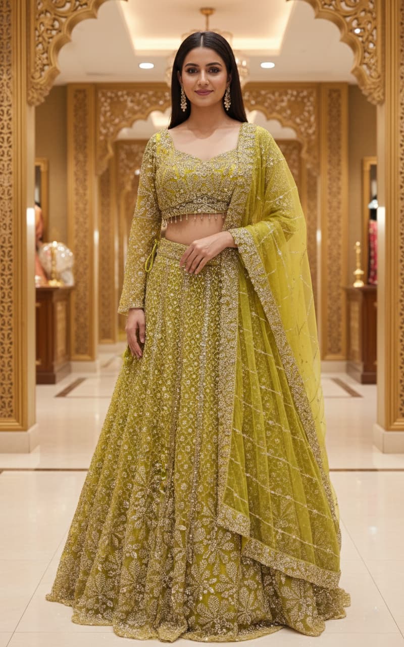 Shop this royal purple embroidered lehenga set featuring heavy sequin and thread work, sweetheart neckline blouse, flared silhouette, and net dupatta — perfect for weddings, receptions, and festive occasions.