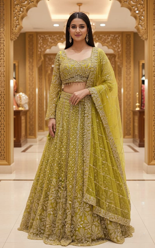 Shop this royal purple embroidered lehenga set featuring heavy sequin and thread work, sweetheart neckline blouse, flared silhouette, and net dupatta — perfect for weddings, receptions, and festive occasions.