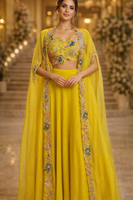 Mustard yellow Indo-Western co-ord set with floral embroidered blouse and sheer jacket overlay