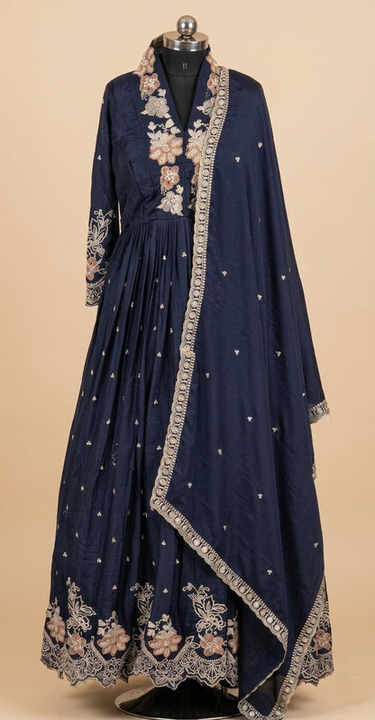 Navy blue Anarkali suit with multicolour floral embroidery and pleated flare