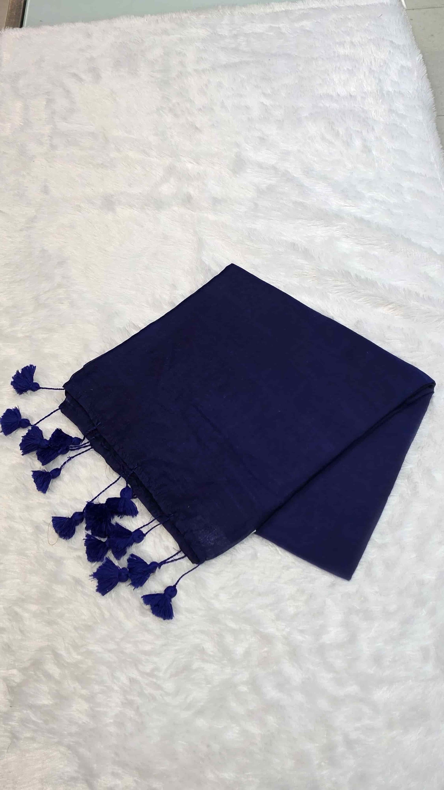 Navy blue mulmul cotton saree for office and casual wear with tassels
