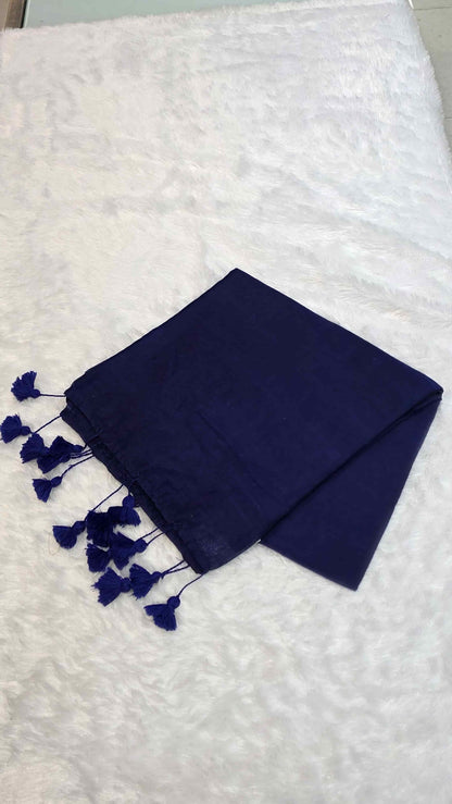 Navy blue mulmul cotton saree for office and casual wear with tassels