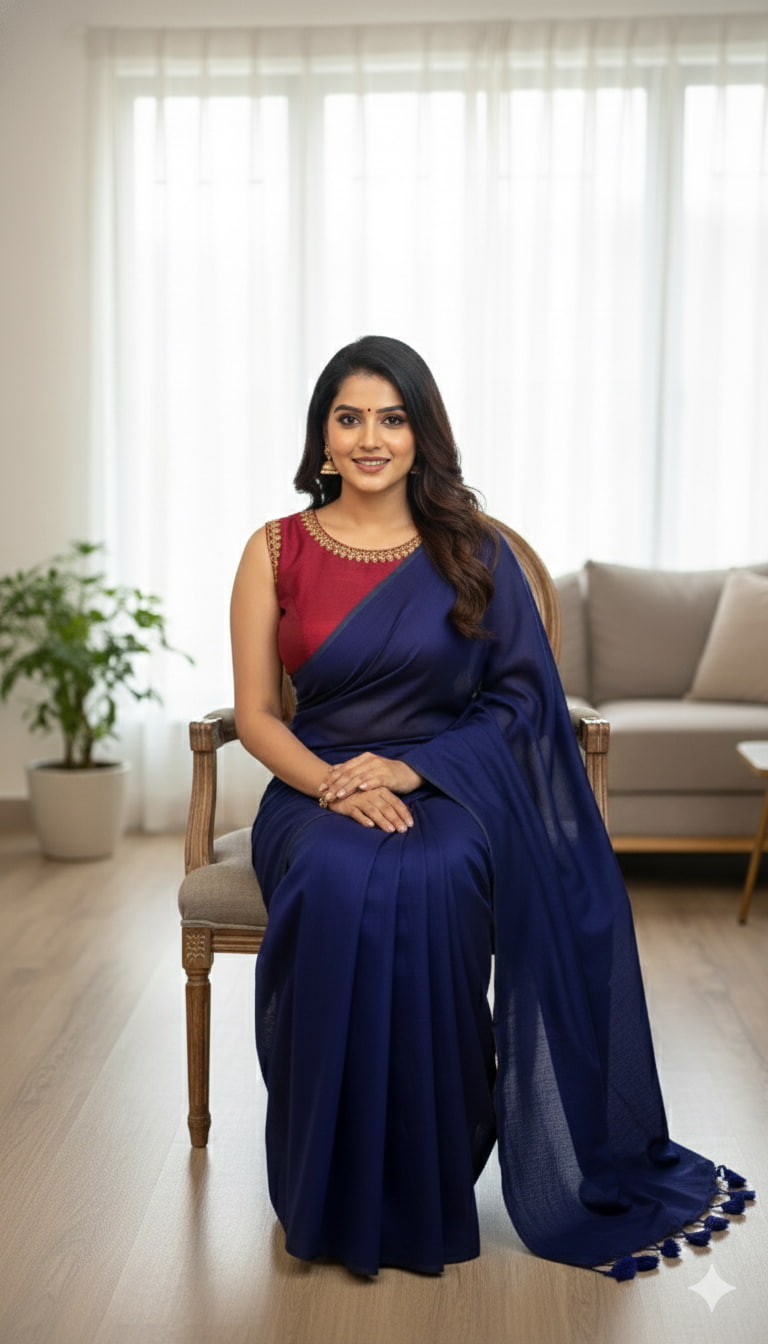 Plain navy blue cotton saree with handcrafted tassels