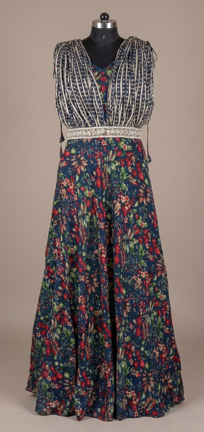 Navy floral maxi dress with draped cape sleeves