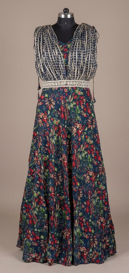 Navy floral maxi dress with draped cape sleeves